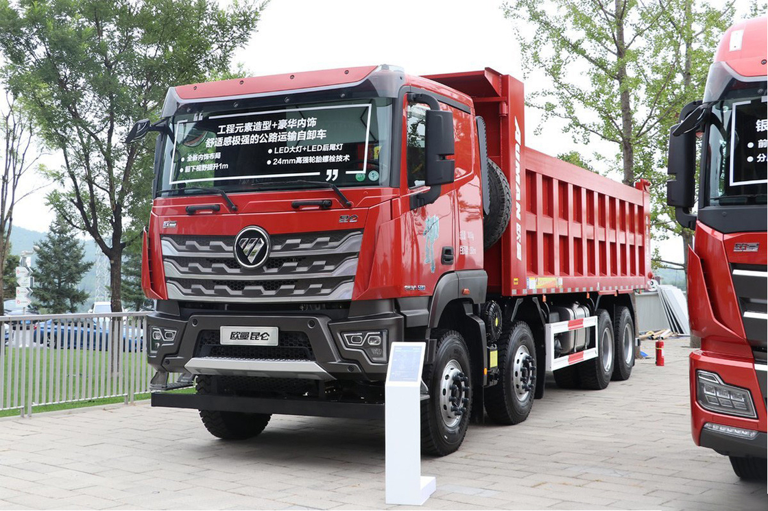 ফোটন ডাম্প ট্রাক 15 টন 580 অশ্বশক্তি 8X4 7.6M লাল দেহ ডাবল রিয়ার অক্ষ ইউ আকৃতির কার্গো বক্স